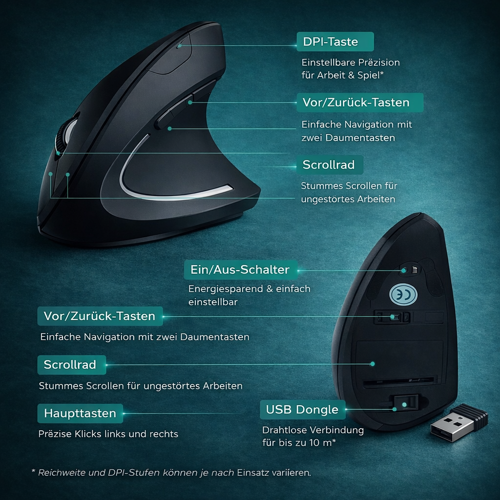ErgoGlide™ Ergonomische Vertikal-Maus – natürliche Handhaltung gegen RSI & Handgelenkbelastung